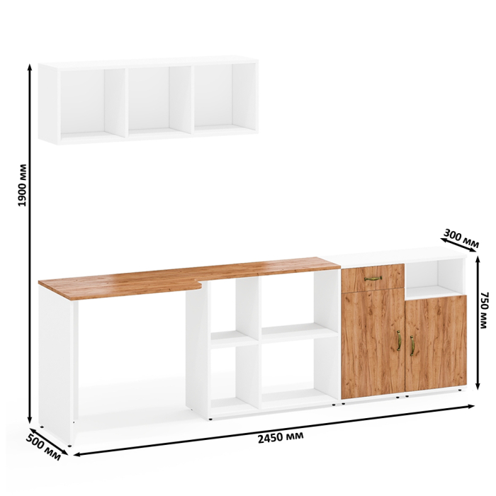 Домашние кабинеты, Стол Лидер-8 с навесной открытой полкой и двумя тумбами