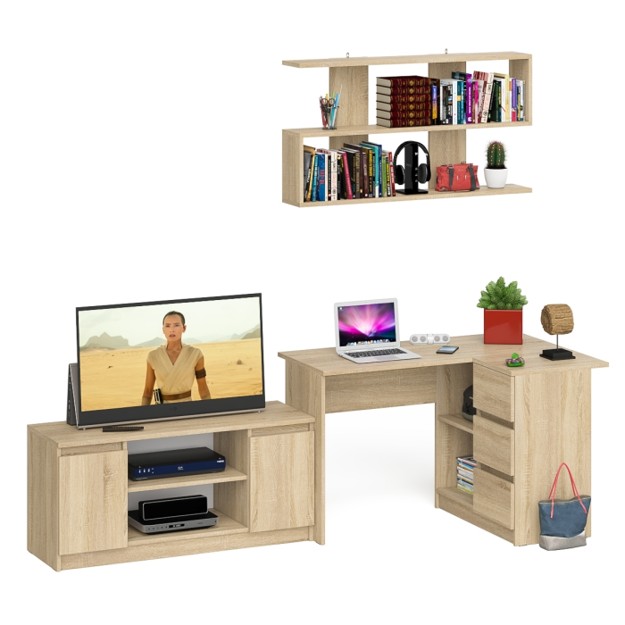 Домашние кабинеты, Стол угловой компьютерный Мори МС-16 правый с книжной полкой и ТВ-тумбой МТВ1200.1