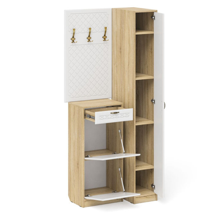 Прихожие, Высокая обувница с вешалкой с крючками и пеналом П-6-500 для прихожей фрезеровка ромб