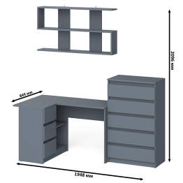 Угловой компьютерный стол Мори МС-16 левый с навесной полкой и высоким комодом на 5-ть ящиков