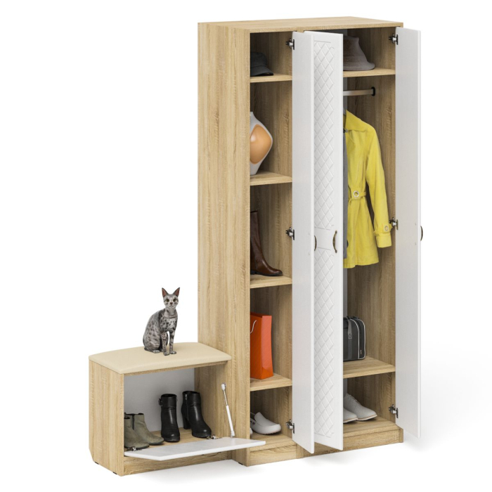 Прихожие, Шкаф с пеналом и тумбой для обуви с мягким сиденьем П-6-500 фрезеровка ромб