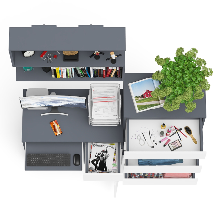 Домашние кабинеты, Стол компьютерный Мори МС-1 правый с высоким комодом на пять ящиков и навесной полкой