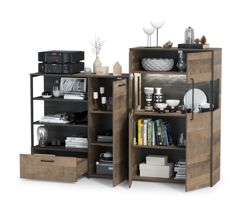 Стенки для гостиной, Комод с витриной с подсветкой и комод с ящиком и дверкой Трувор