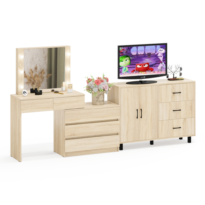 С зеркалом, Стол косметический с подсветкой 110 и тумба-комод с тремя ящиками и дверками 123-1204