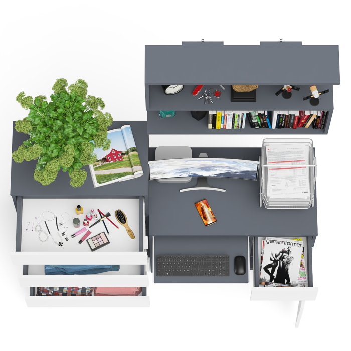 Домашние кабинеты, Стол компьютерный Мори МС-1 правый с высоким комодом на пять ящиков и навесной полкой