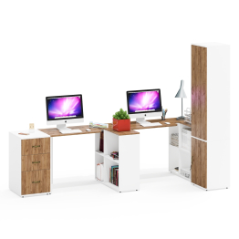 Узкий шкаф для белья и для хранения Лидер-8 с двумя рабочими столами и тумбой для бумаг