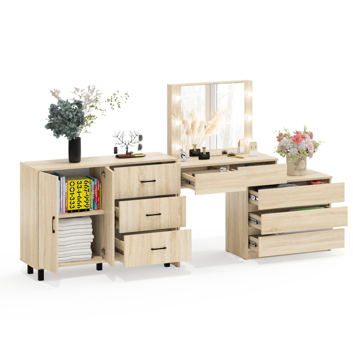 С зеркалом, Стол косметический с подсветкой 110 и тумба-комод с тремя ящиками и дверками 123-1204
