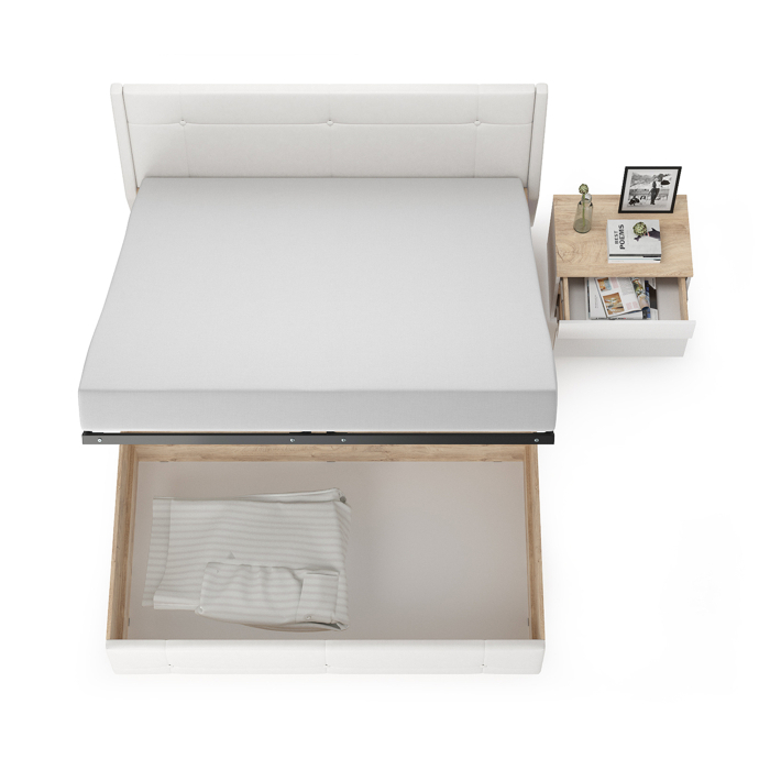 Спальные гарнитуры, Кровать Муссон с подъёмным основанием и тумбой белый/дуб эндгрейн/иск.кожа белая