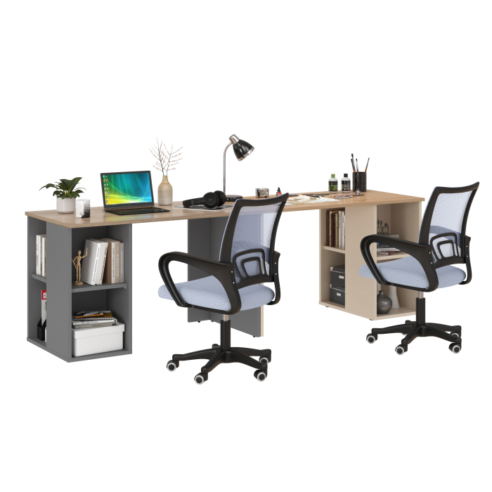 Прямые компьютерные столы, Набор для работы и учёбы из двух столов письменных Лайт 12.163 и двух серых кресел