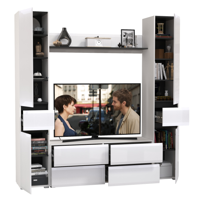 Стенки для гостиной, Тумба-ТВ с открытой навесной полочкой и два пенала Сидней с ящиками