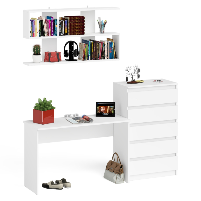 Прямые компьютерные столы, Комод высокий Мори пять выдвижных ящиков со столом для работы на 1200 и навесной полкой 1200