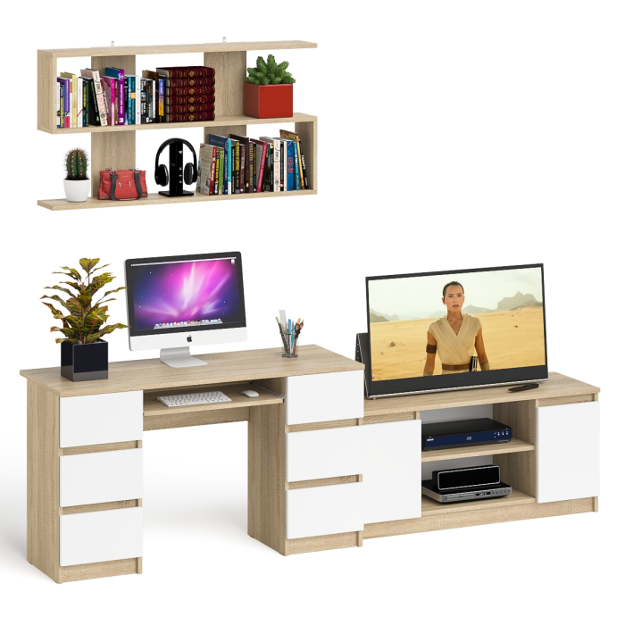 Домашние кабинеты, Письменный стол Мори МС-2 с ТВ-тумбой 1200 и навесной полкой 1200