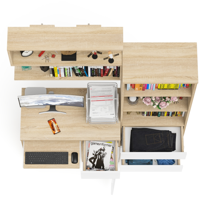 Прямые компьютерные столы, Стол компьютерный Мори МС-1 правый с навесной полкой и стеллаж-комодом 600.3