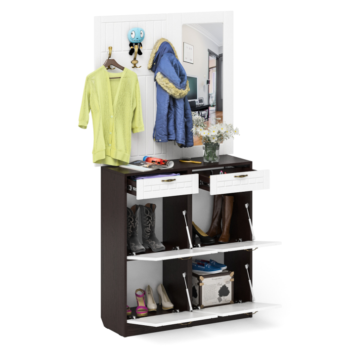 Прихожие, Две тумбы для обуви с ящиками с вешалкой и зеркалом П-6 № 05 МДФ фрезеровка прованс