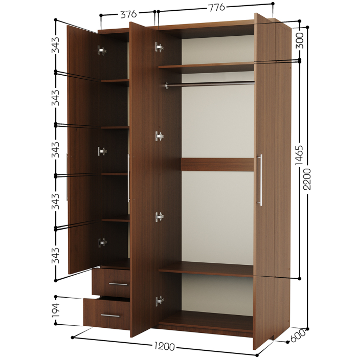 Для одежды, Шкаф трехдверный Комфорт МКЯ-32/1 120х60 с зеркалом