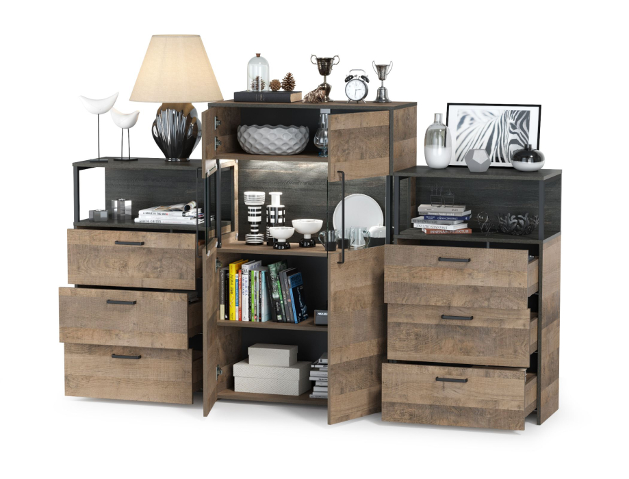 Стенки для гостиной, Комод с витриной с подсветкой с двумя комодами с ящиками Трувор