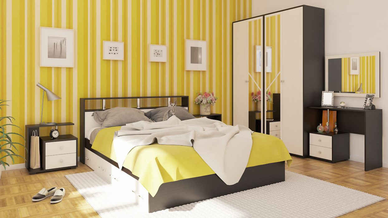 Спальные гарнитуры, Кровать с ящиками Камелия 1600 с двумя прикроватными тумбами