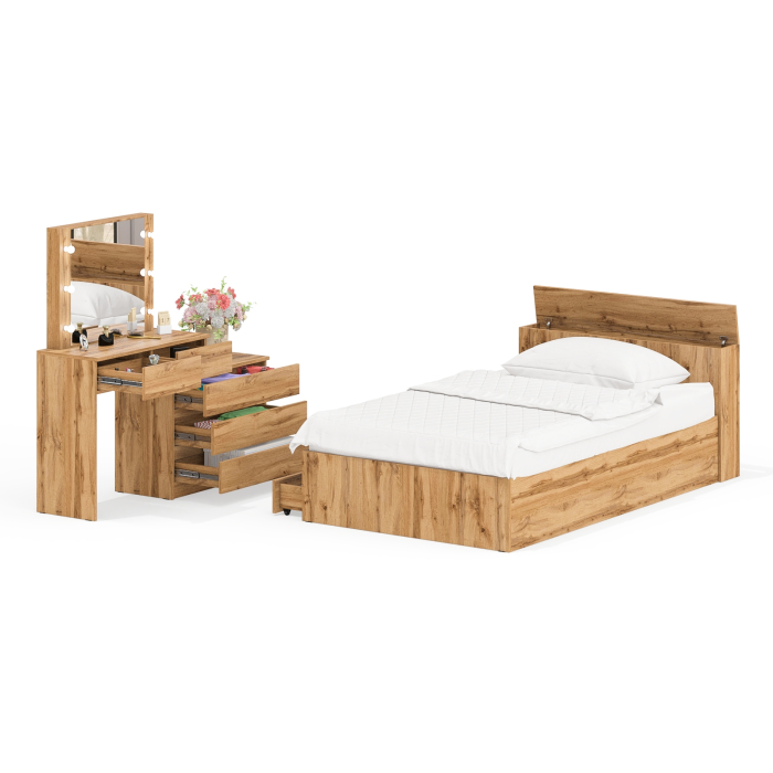 Спальные гарнитуры, Столик туалетный с лампочками 110 с полутораспальной кроватью с ящиками Ксения 1200