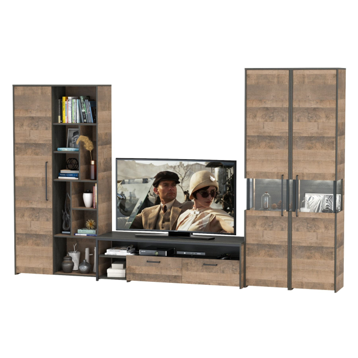 Стенки для гостиной, Шкаф-стеллаж с тумбой под телевизор и два пенала с витриной Трувор