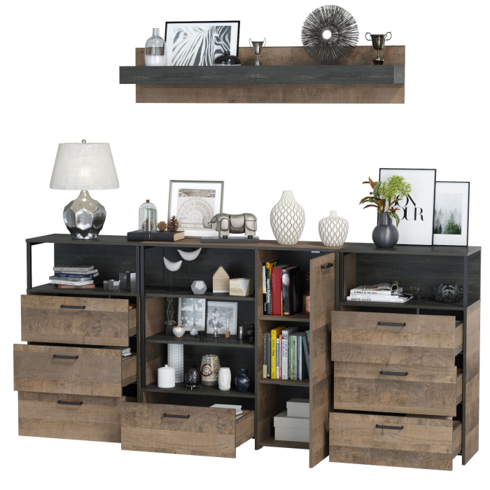 Стенки для гостиной, Два комода с ящиками с навесной полкой и комод с ящиком и дверкой в гостиную Трувор