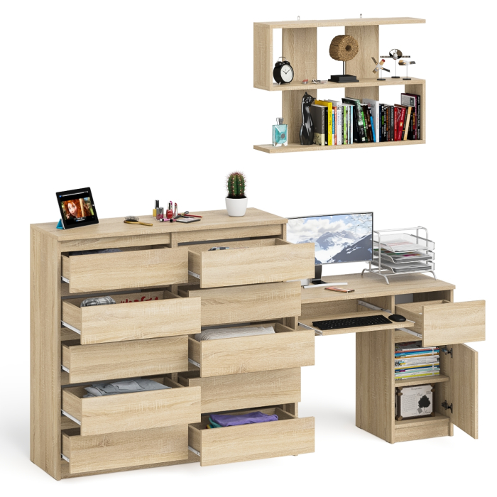 Домашние кабинеты, Стол компьютерный Мори МС-1 правый с комодом на 10-ть ящиков и навесной полкой 900