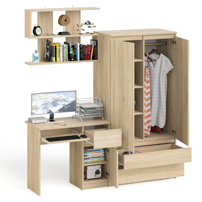 Домашние кабинеты, Стол компьютерный с ящиком МС-1 правый с навесной полкой и шкаф-комод МШ900.1 Мори