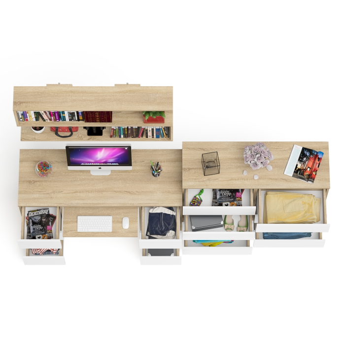 Домашние кабинеты, Полка Мори 1200 с письменным столом Мори МС-2 и комодом на восемь ящиков