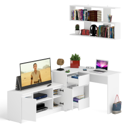 Угловой стол компьютерный Мори МС-16 левый с тумбой под ТВ и полкой для книг