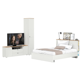 Кровать Остин с ортопедическим основанием для матраса 1600х2000 с тумбой для аппаратуры и шкафом-пеналом