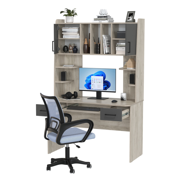 Прямые компьютерные столы, Компьютерный стол с надстройкой Бета и кресло компьютерное серое