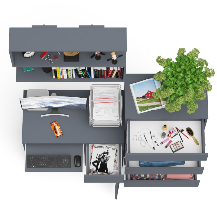 Домашние кабинеты, Стол компьютерный Мори МС-1 правый с высоким комодом на пять ящиков и навесной полкой