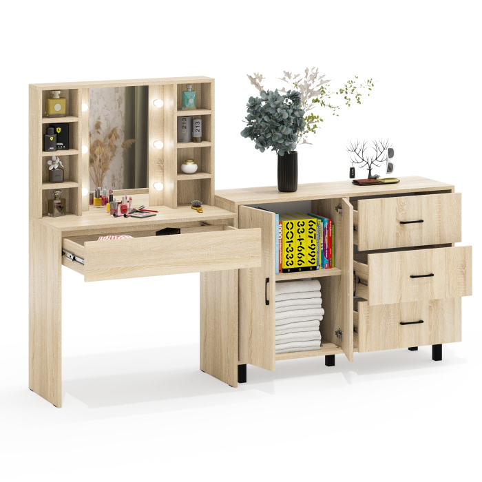 С зеркалом, Туалетный столик с подсветкой 115 и тумба-комод 123-1204