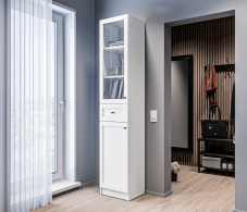 Прямые, Стеллаж Твин СБ-3372 Белый со стеклом и ящиком