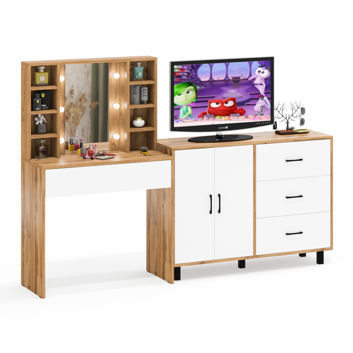 С зеркалом, Туалетный столик с подсветкой 115 и тумба-комод 123-1204