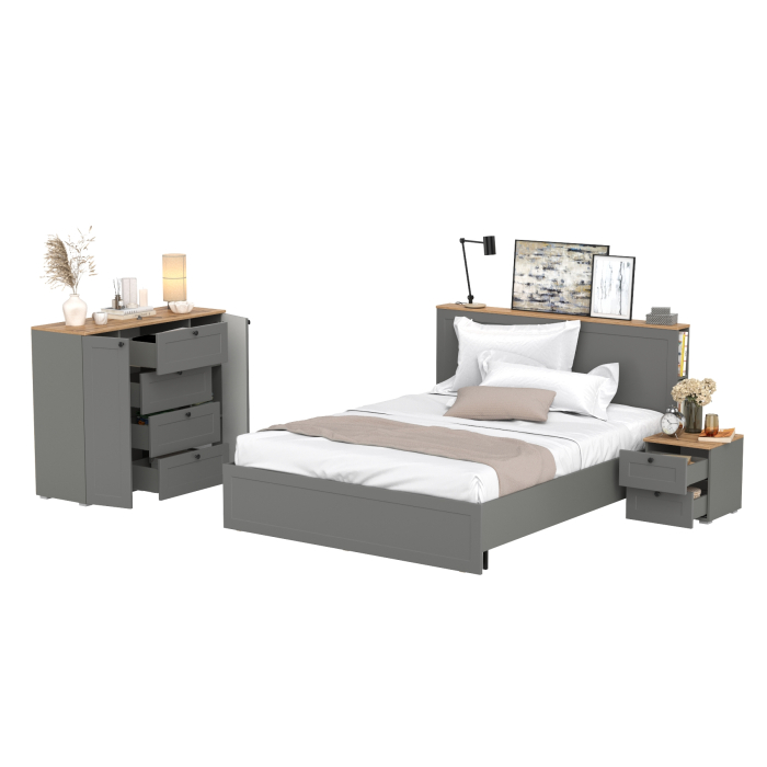 Спальные гарнитуры, Кровать Остин 1600 с ортопедическим основанием с тумбой-комодом и тумбой прикроватной