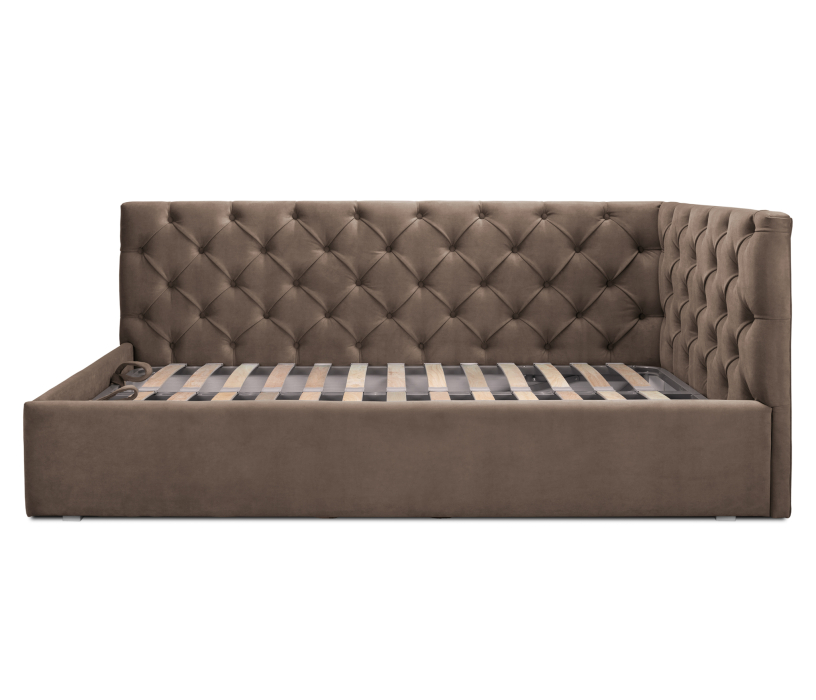 Мягкая кровать, Кровать с мягким изголовьем угловая Оливия 1400 с подъемным механизмом, микровелюр