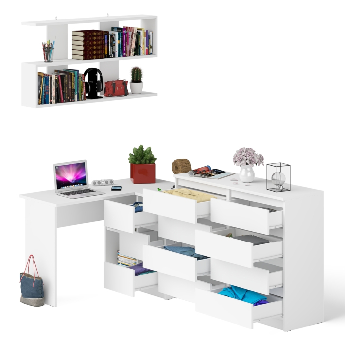 Домашние кабинеты, Стол компьютерный угловой с ящиками Мори МС-16 правый с навесной полкой и комодом МК1200.8