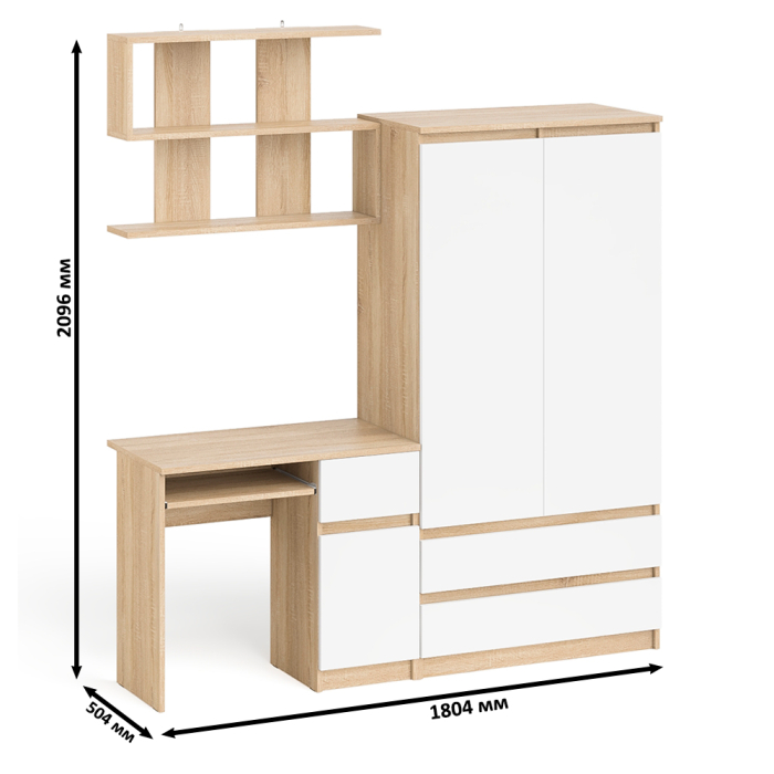 Домашние кабинеты, Стол компьютерный с ящиком МС-1 правый с навесной полкой и шкаф-комод МШ900.1 Мори