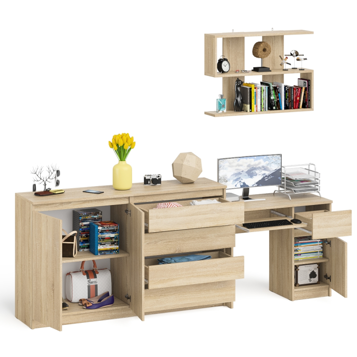 Домашние кабинеты, Тумба-комод с дверками и ящиками на 1600 со столом с тумбой и ящиком справа и навсеной полкой Мори