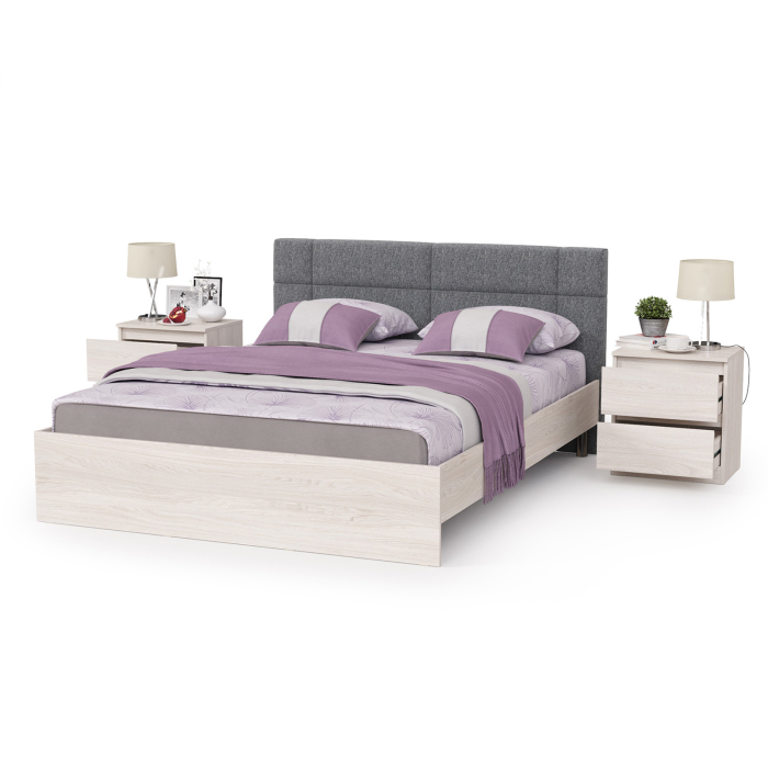 Спальные гарнитуры, Двуспальная кровать с мягкой спинкой с основанием и двумя тумбочками Ника
