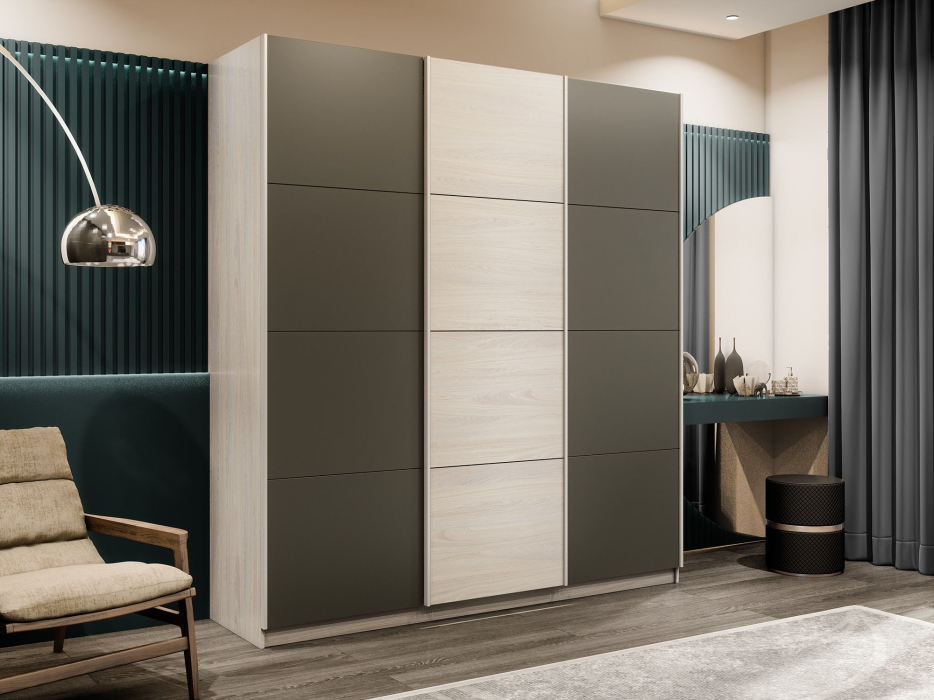 Шкафы-купе 3-х дверные, Шкаф-купе Прайм 3-х дверный Стекла хаки/ДСП/Доводчики 210х57х230