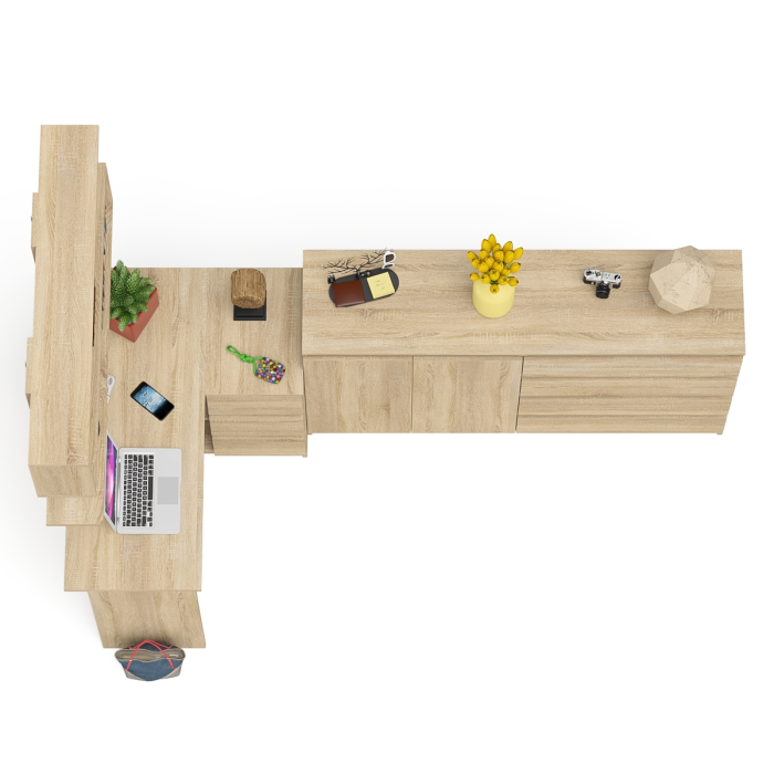 Домашние кабинеты, Тумба-комод МК1600.1 Мори с навесной книжной полкой и угловой компьютерный стол МС-16 правый