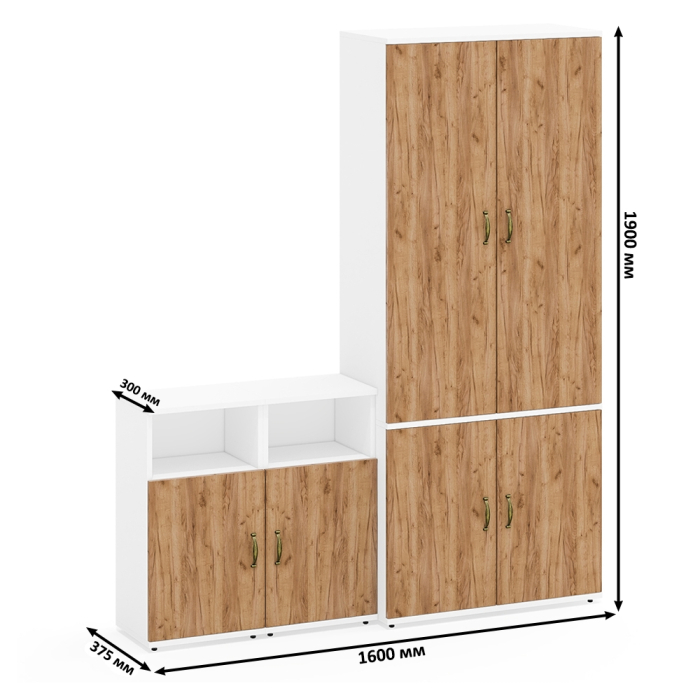 Домашние кабинеты, Широкий шкаф для одежды Лидер-8 и две тумбочки с нишей и полкой за дверкой