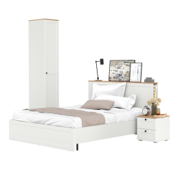 Кровать двуспальная Остин с ортопедом и платяной шкаф-пенал с тумбой прикроватной