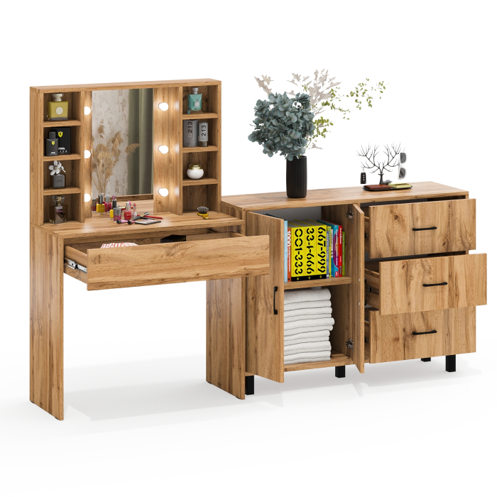 С зеркалом, Туалетный столик с подсветкой 115 и тумба-комод 123-1204