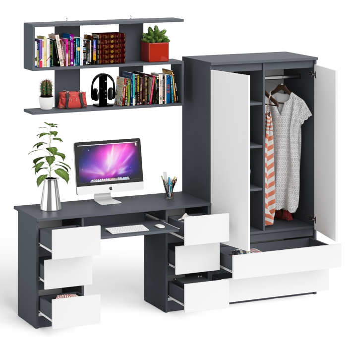 Домашние кабинеты, Шкаф-комод Мори МШ900.1 с письменным 2-х тумбовым столом МС-2 и полкой книжной