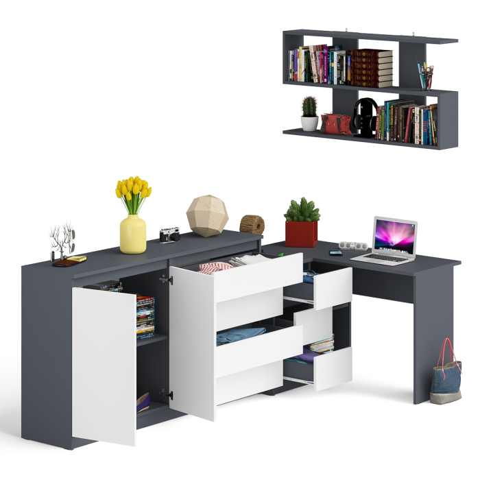 Домашние кабинеты, Угловой компьютерный стол с тремя ящиками Мори МС-16 левый с тумбой-комодом и книжной полкой