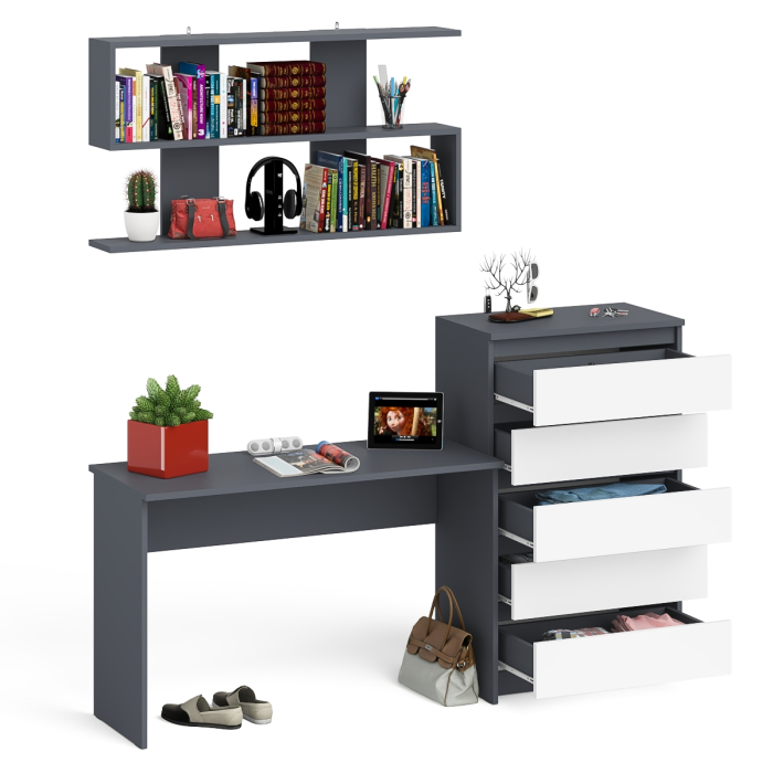 Прямые компьютерные столы, Комод высокий Мори пять выдвижных ящиков со столом для работы на 1200 и навесной полкой 1200