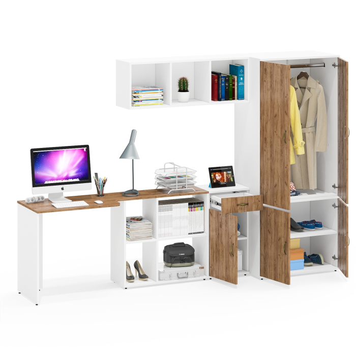 Домашние кабинеты, Настенная полка для книг Лидер-8 с рабочим столом с нишей с тумбочкой 3.15 и шкафом 19Б