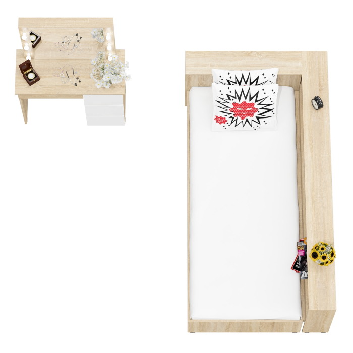 Спальные гарнитуры, Кровать с ящиками с прикроватным блоком для вещей Ксения 900 и столик косметический с подсветкой Сура